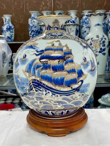  Bình Hút Lộc Bát Tràng nhị cảnh Thuận Buồm Xuôi Gió Mã Đáo Thành Công men lam vẽ vàng cao 38 cm | Quà Tặng Khai Trương bình hút lộc Bát Tràng 