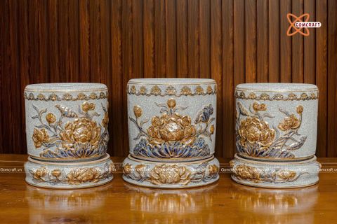  Bát hương Bát Tràng hoạ tiết Hoa Sen men rạn đắp nổi vẽ vàng đường kính 25 cm 