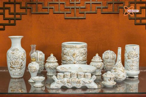  Bộ đồ thờ Bát Tràng cao cấp dâng gia tiên men sứ trắng vẽ vàng 24k 21 vật phẩm 