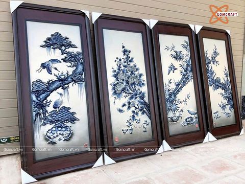  Tranh Gốm Tứ Quý Bát Tràng Cổ men lam tràm đắp nổi kích thước 45 x 90 cm khung gỗ thông 