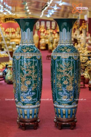  Lục bình Bát Tràng cao cấp Tứ Cảnh men xanh lục bảo đắp nổi cao 1m4 