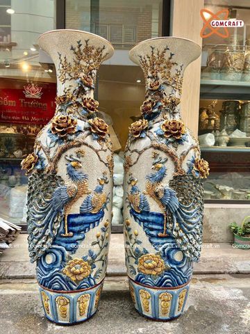  Lục bình Bát Tràng cao cấp Công Danh Phú Quý men rạn đắp nổi kênh bong đắp kĩ cao 1m4 