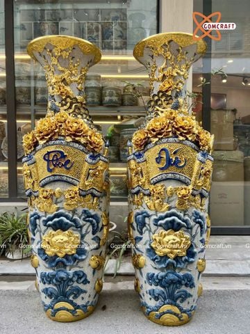  Lục bình Bát Tràng cao cấp Phúc Đức men rạn đắp nổi kênh bong đắp kĩ dát vàng cao 1m4 