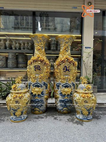  Lục bình Bát Tràng cao cấp Phúc Đức men rạn đắp nổi kênh bong đắp kĩ dát vàng cao 1m4 