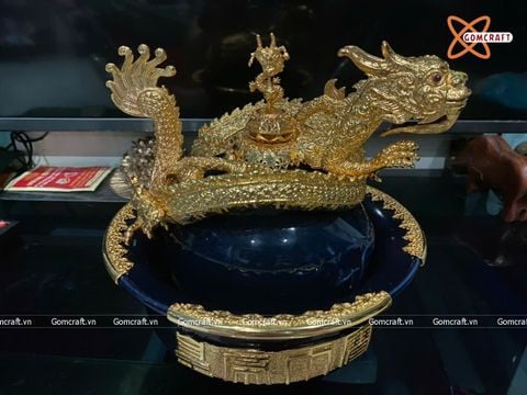  Điếu bát Bát Tràng bọc đồng mạ vàng hoạ tiết rồng đường kính 20 cm 
