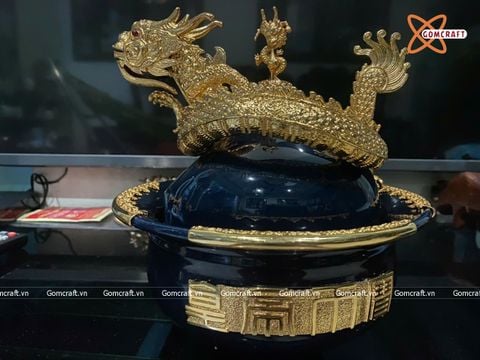  Điếu bát Bát Tràng bọc đồng mạ vàng hoạ tiết rồng đường kính 20 cm 