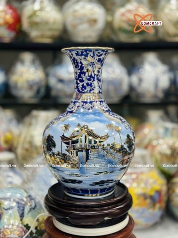  Bình Củ Tỏi cao cấp nhị cảnh Chùa Một Cột Văn Miếu Quốc Tử Giám men lam vẽ vàng 24k cao 45 cm 