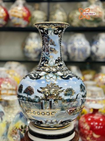  Bình Củ Tỏi cao cấp nhị cảnh men lam vẽ vàng 24k cao 52 cm 