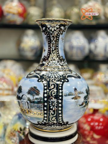  Bình Củ Tỏi cao cấp nhị cảnh men lam vẽ vàng 24k cao 52 cm 