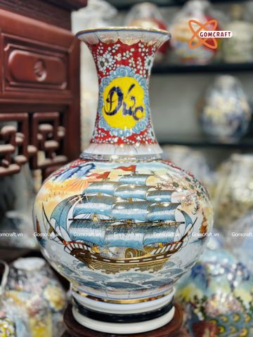  Bình Củ Tỏi cao cấp nhị cảnh Thuận Buồm Xuôi Gió Mã Đáo Thành Công men màu vẽ vàng 24k cao 62 cm 