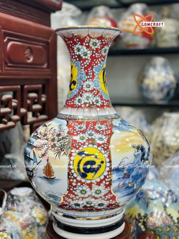  Bình Củ Tỏi cao cấp nhị cảnh Thuận Buồm Xuôi Gió Mã Đáo Thành Công men màu vẽ vàng 24k cao 62 cm 