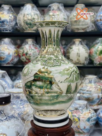  Bình Củ Tỏi cao cấp nhị cảnh Thuận Buồm Xuôi Gió Công Danh Phú Quý men màu vẽ vàng 24k cao 75 cm 