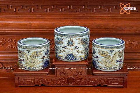  Bát hương Bát Tràng men sứ khử hoạ tiết rồng vẽ vàng 24k đường kính 25 cm 