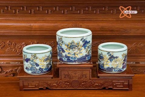  Bát hương Bát Tràng men sứ khử hoạ tiết hoa sen vẽ vàng 24k đường kính 25 cm 