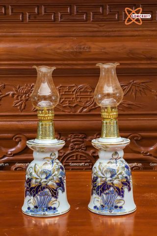  Đèn dầu thờ cúng Bát Tràng hoạ tiết hoa sen men ngọc vẽ vàng 24k 
