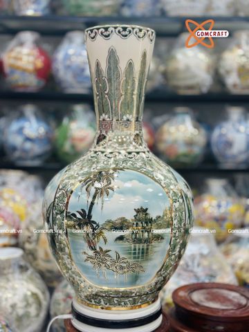  Bình Củ Tỏi cao cấp tứ cảnh Hà Nội men màu vẽ vàng 24k cao 75 cm 