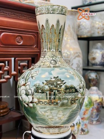  Bình Củ Tỏi cao cấp nhị cảnh Chùa Một Cột Văn Miếu Quốc Tử Giám men màu vẽ vàng 24k 