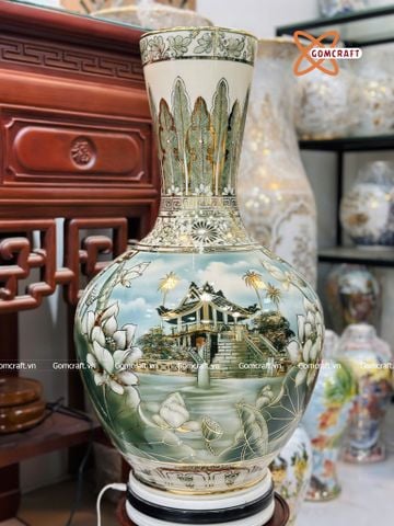  Bình Củ Tỏi cao cấp nhị cảnh Chùa Một Cột Văn Miếu Quốc Tử Giám men màu vẽ vàng 24k 