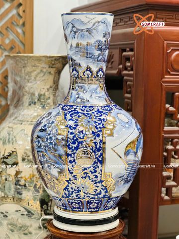  Bình Củ Tỏi cao cấp nhị cảnh Thuận Buồm Xuôi Gió Công Danh Phú Quý men lam vẽ vàng 24k 