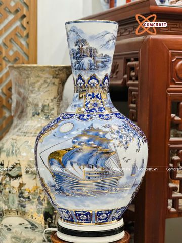  Bình Củ Tỏi cao cấp nhị cảnh Thuận Buồm Xuôi Gió Công Danh Phú Quý men lam vẽ vàng 24k 