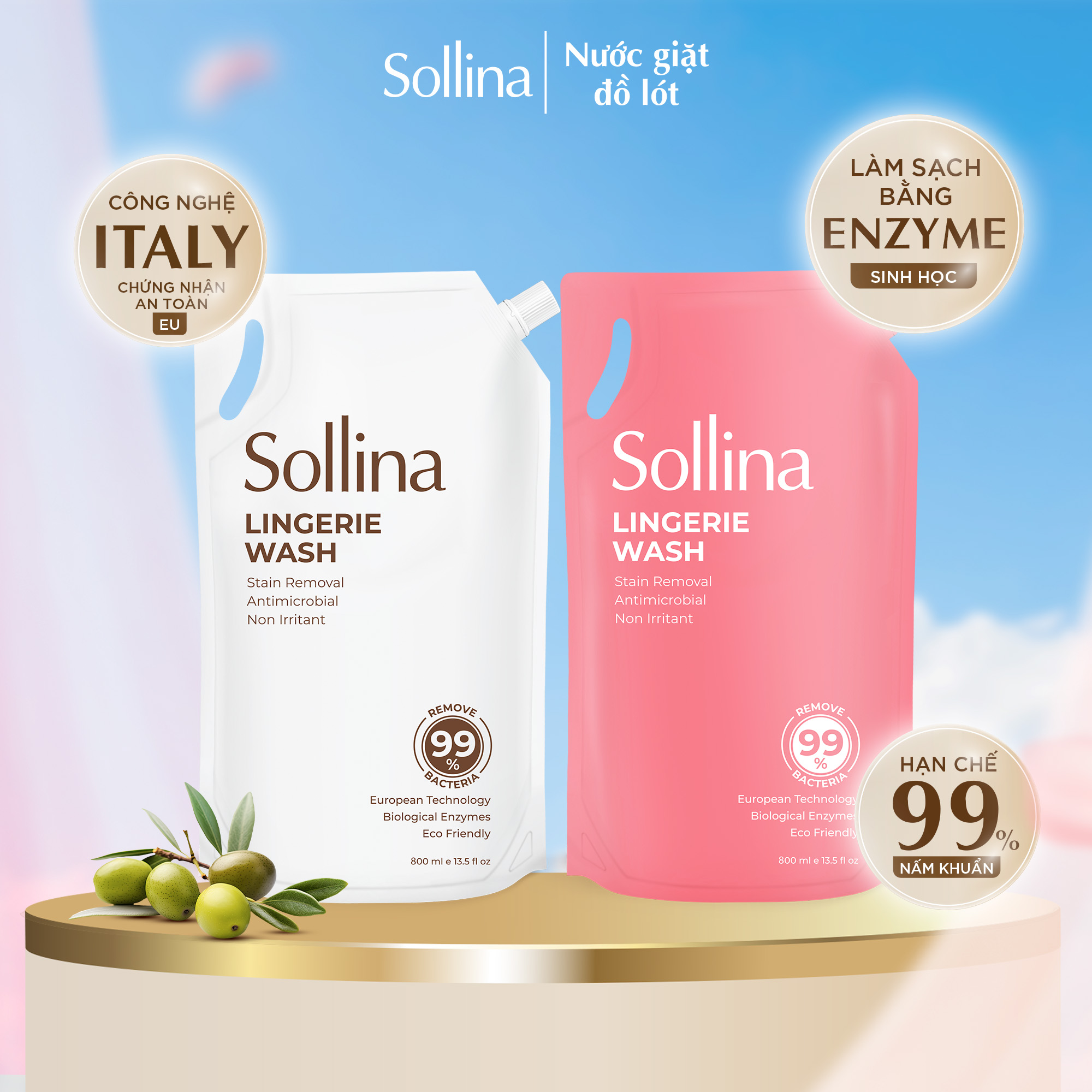 Combo 2 Túi 800Ml Refill Nước Giặt Đồ Lót Chuyên Dụng Sollina Giúp Khử Mùi, Kháng Khuẩn, An Toàn Cho Da