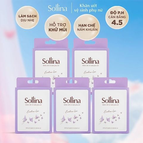 Combo 5 hộp khăn giấy ướt vệ sinh phụ nữ Sollina độ ẩm vừa phải giúp vùng kín khô thoáng dễ chịu 20gói/ hộp