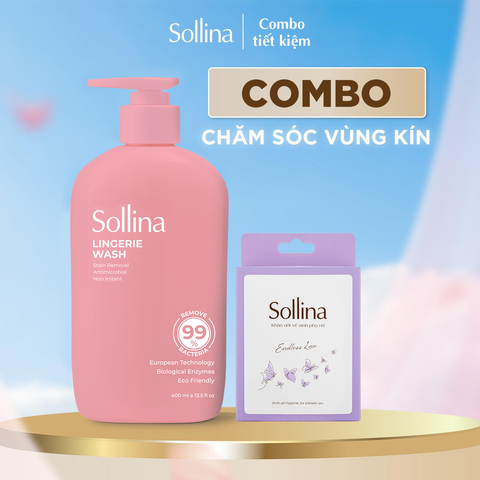 Combo nước giặt đồ lót chuyên dụng Sollina Hồng và khăn ướt vệ sinh phụ nữ màu Tím 20 gói/hộp