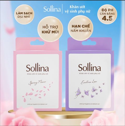 Hộp 20 gói khăn giấy ướt vệ sinh phụ nữ Sollina độ ẩm vừa phải giúp vùng kín khô thoáng dễ chịu 20gói/ hộp