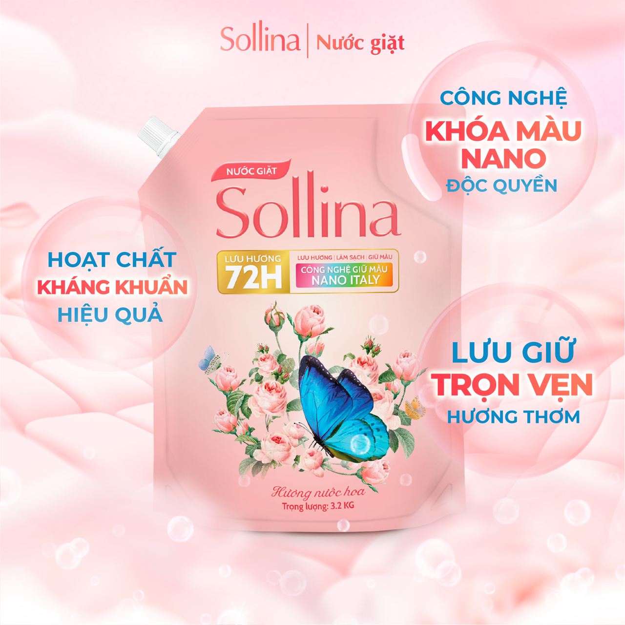 Túi Nước Giặt Thường Sollina 3,2KG - Hương Nước Hoa, Công Nghệ Vi Nang Lưu Hương 72H, Làm Sạch Sâu, Giữ Màu, Mềm Vải