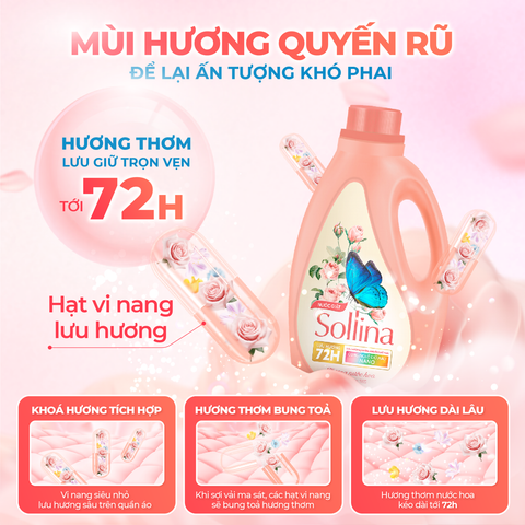 Nước Giặt Quần Áo Thường Sollina 1L/Chai - Công nghệ Khoá Màu Nano, Sạch Sâu, Lưu Hương Nước Hoa 72H, Làm Mềm Vải