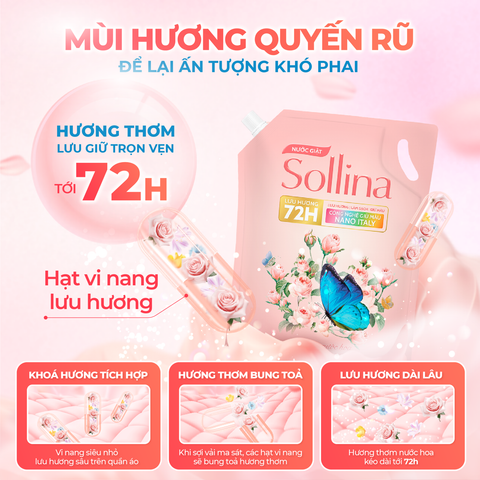 Túi Nước Giặt Thường Sollina 3,2KG - Hương Nước Hoa, Công Nghệ Vi Nang Lưu Hương 72H, Làm Sạch Sâu, Giữ Màu, Mềm Vải