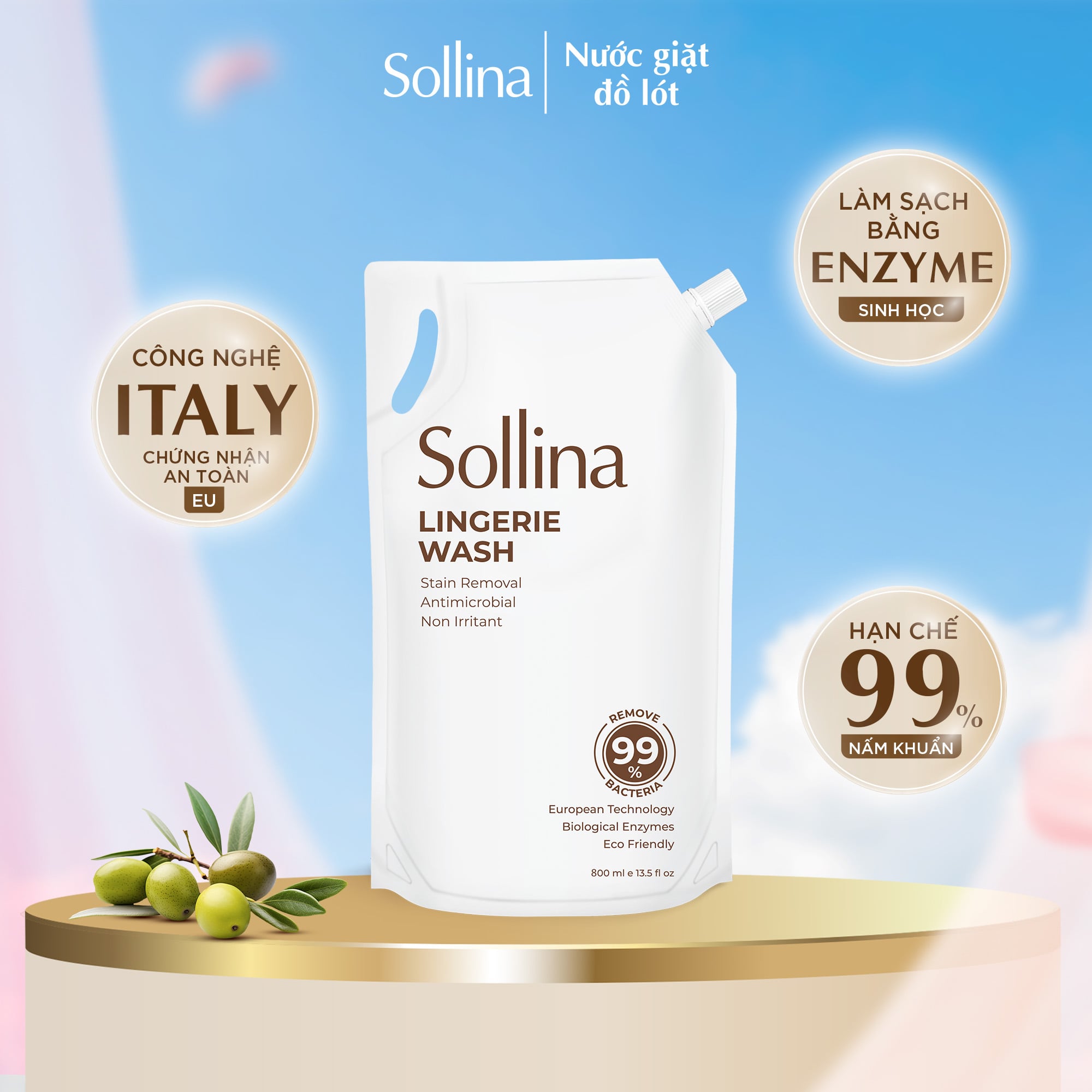 Túi 800Ml Refill Nước Giặt Đồ Lót Chuyên Dụng Sollina Giúp Khử Mùi, Kháng Khuẩn, An Toàn Cho Da