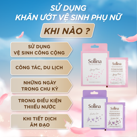 Combo nước giặt đồ lót chuyên dụng Sollina và khăn ướt vệ sinh phụ nữ màu tím 20 gói/hộp