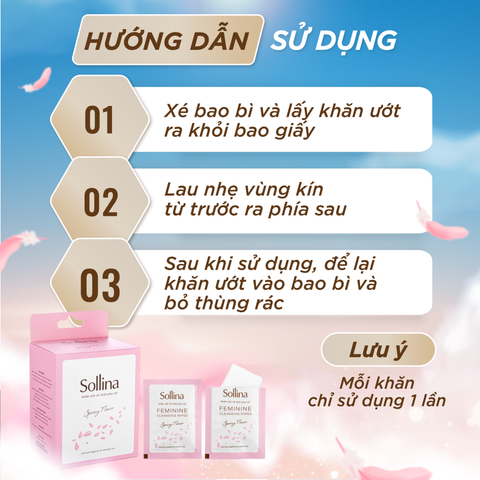 Hộp 20 gói khăn giấy ướt vệ sinh phụ nữ Sollina độ ẩm vừa phải giúp vùng kín khô thoáng dễ chịu 20gói/ hộp