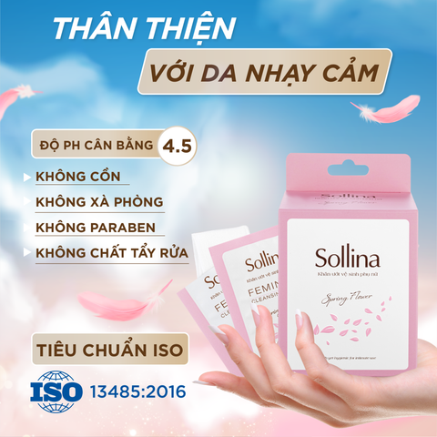Hộp 20 gói khăn giấy ướt vệ sinh phụ nữ Sollina độ ẩm vừa phải giúp vùng kín khô thoáng dễ chịu 20gói/ hộp