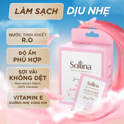 Hộp 20 gói khăn giấy ướt vệ sinh phụ nữ Sollina độ ẩm vừa phải giúp vùng kín khô thoáng dễ chịu 20gói/ hộp