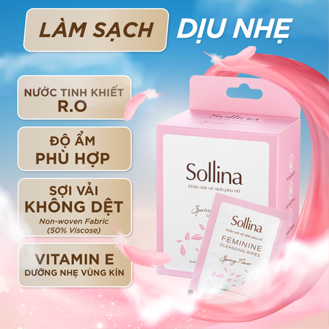 Combo nước giặt đồ lót chuyên dụng Sollina và khăn ướt vệ sinh phụ nữ màu tím 20 gói/hộp