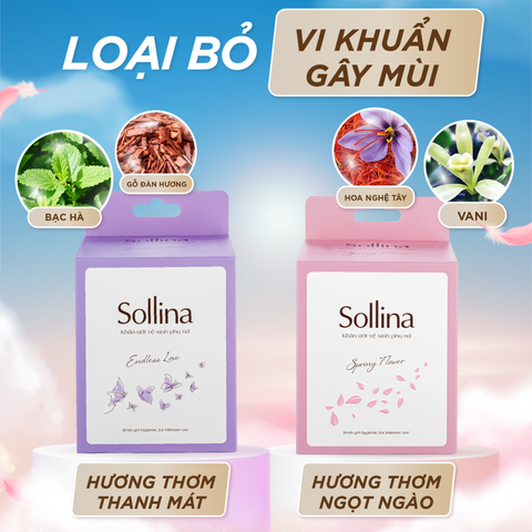 Combo 5 hộp khăn giấy ướt vệ sinh phụ nữ Sollina độ ẩm vừa phải giúp vùng kín khô thoáng dễ chịu 20gói/ hộp