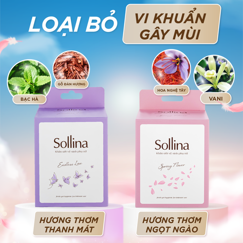 Hộp 20 gói khăn giấy ướt vệ sinh phụ nữ Sollina độ ẩm vừa phải giúp vùng kín khô thoáng dễ chịu 20gói/ hộp