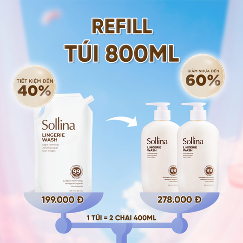 Combo 1 Chai 400Ml + 1 Túi Refill 800Ml Nước Giặt Đồ Lót Chuyên Dụng Sollina Giúp Khử Mùi, Kháng Khuẩn