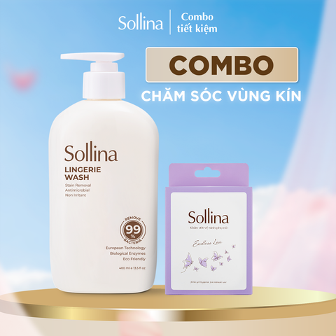 Combo nước giặt đồ lót chuyên dụng Sollina và khăn ướt vệ sinh phụ nữ màu tím 20 gói/hộp