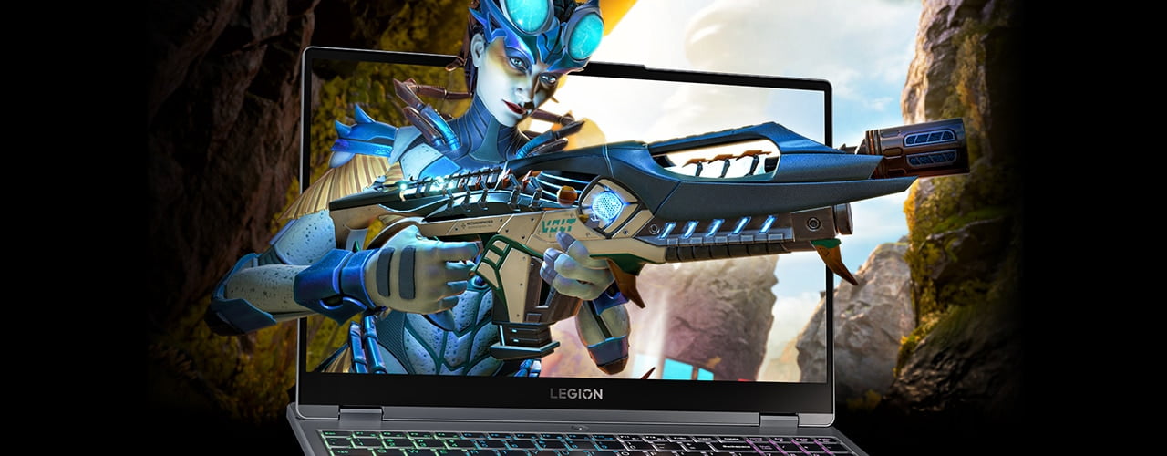 Legion 5 Gen 7 (15″ AMD) with “Apex Legends” exploding from screen