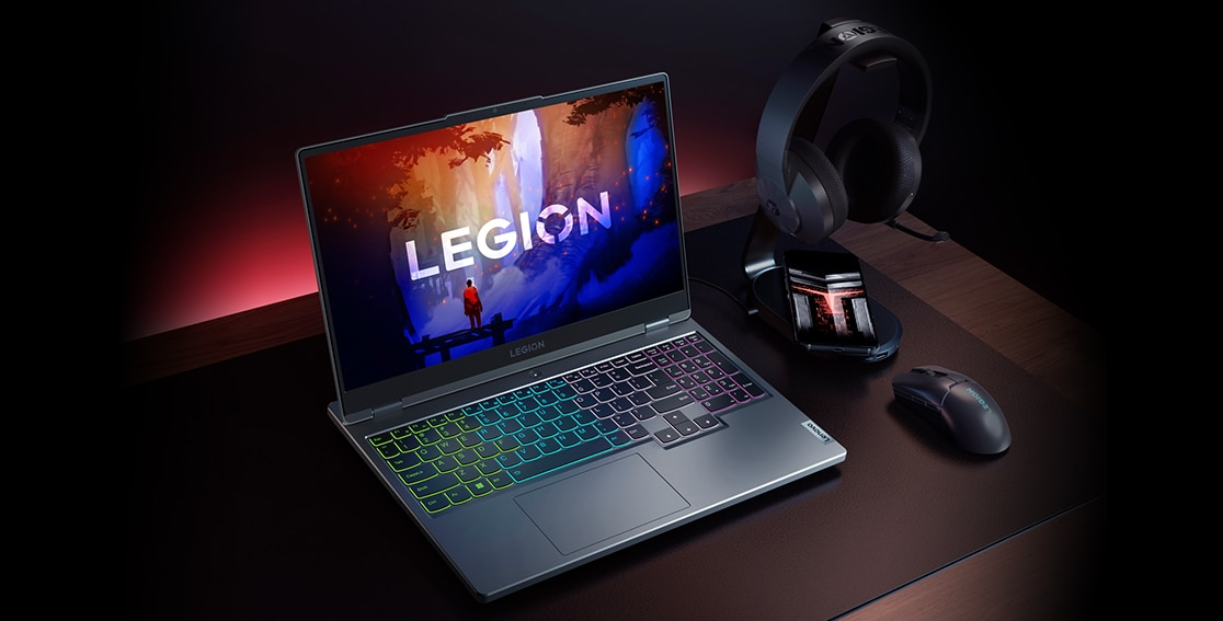 Legion 5 Gen 7 (15″ AMD) with accessories.