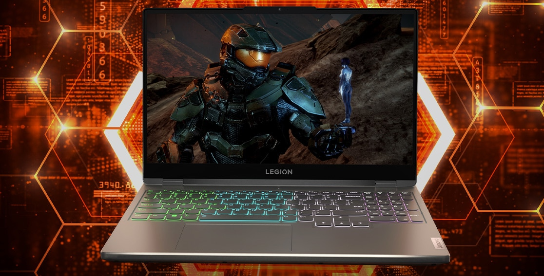 Legion 5 Gen 7 (15″ AMD) front view, RGB keyboard lighting turned on, “Halo: Infinite” on screen