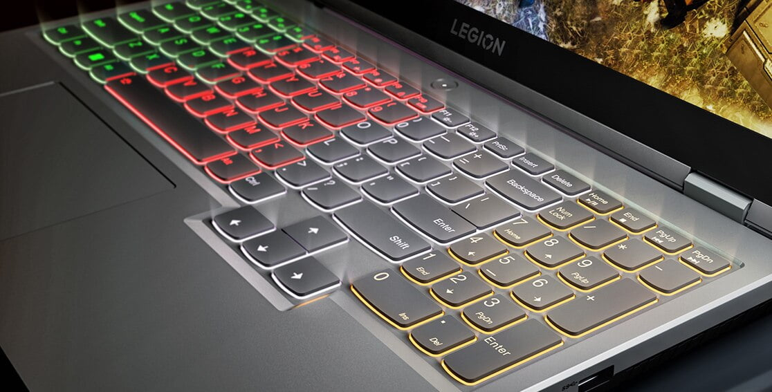 Legion 5 Gen 7 (15″ AMD) closeup of zoned RGB keyboard lighting