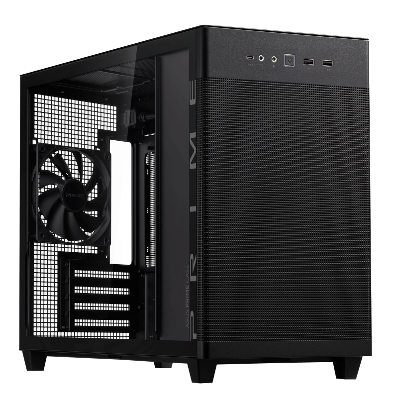 ASUS Prime AP201 Tempered Glass Black case hero shot showing the front and left side