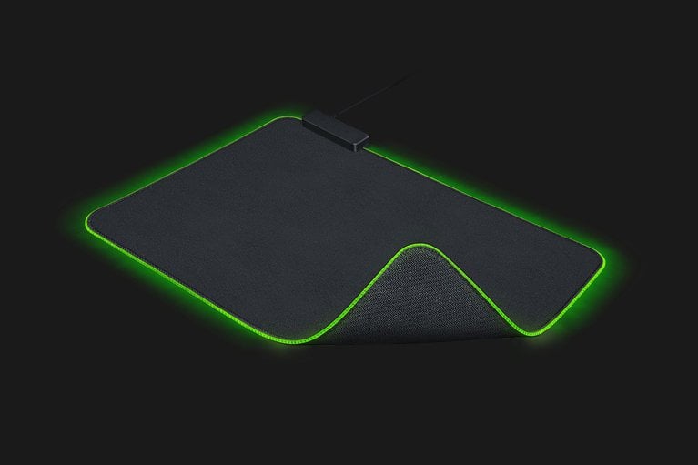 Razer Goliathus Chroma Mat (Black) with Fold-Up Underside - Black Background with Light (Angled View)