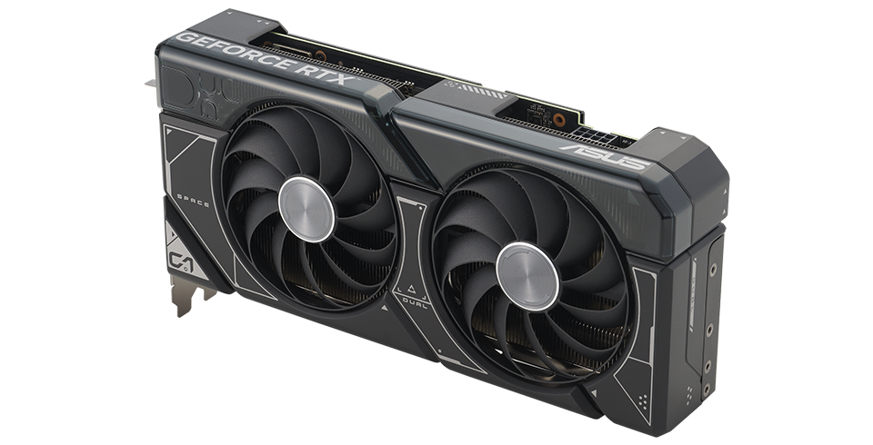 Angled top down view of the card ASUS Dual GeForce RTX 4070 graphics card