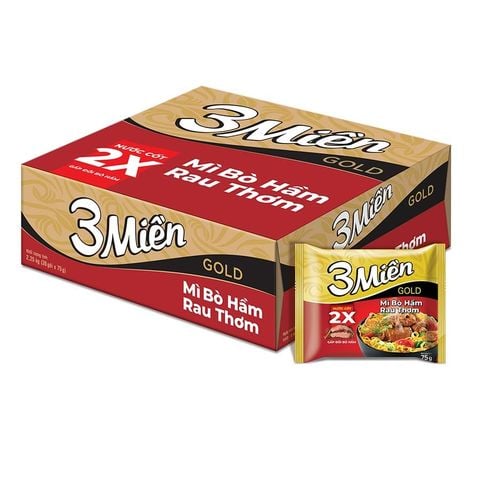 Mì 3 miền Gold Bò hầm rau thơm 2X thùng 75g*30 gói