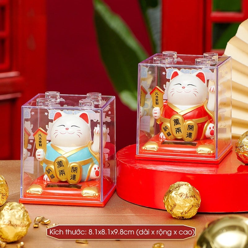  Mèo Thần Tài Vẫy Tay Dùng Năng Lượng Mặt Trời, Hộp Mica - Mèo Maneki Neko Mang Lại May Mắn Tài Lộc Cho Gia Chủ 